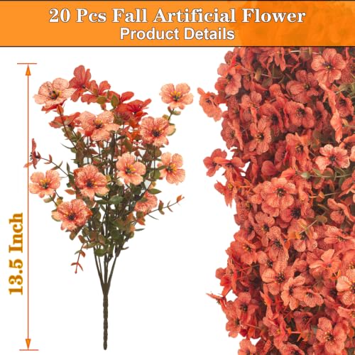 20 Bundles Fake Mums UV Resistant Artificial Fall Flowers for Outdoors - color: Fall Orange Red