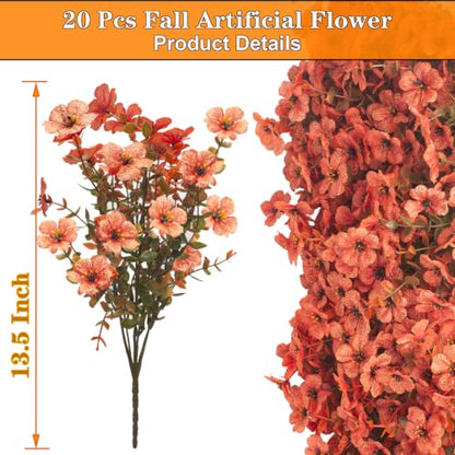 20 Bundles Fake Mums UV Resistant Artificial Fall Flowers for Outdoors - color: Fall Orange Red