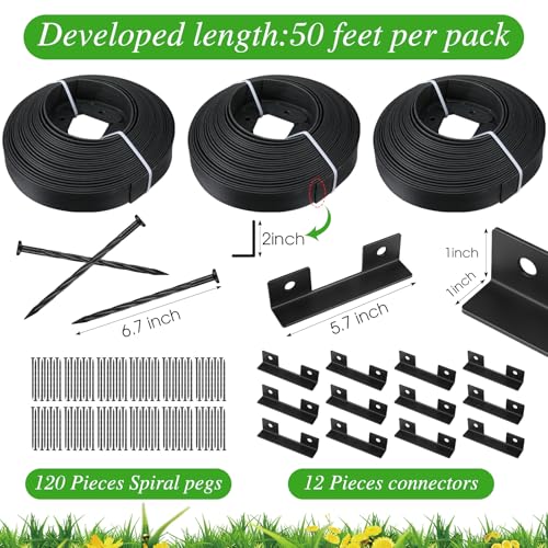 Wesiti 2" x150 Ft Landscape Edging Kit No Dig Garden Edging Border 2 Inch Pavers with 120 Anchoring Spikes Mulch Barrier for Lawn Driveway Flower Bed Playground Yard Grass, PE Black