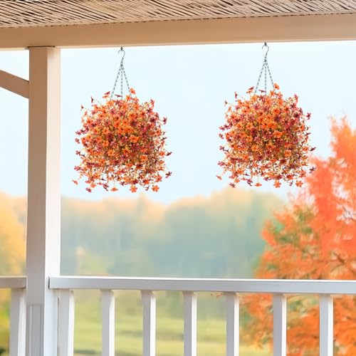 IINQCMY Artificial Flowers Fall Hanging Baskets Outdoors Fake Mums - color: Z Orange Brown
