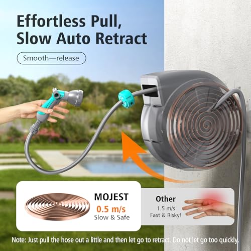 Mojest Retractable Garden Hose Reel - 1/2 in x 80 ft Wall Mounted Heavy Duty Water Hose Reel with Automatic Slow Rewind System, 2 Hose Nozzle, 180°Swivel Bracket, Dark Gray - color: Dark Gray, size: 80FT