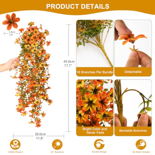 Artificial Fall Flowers Fake Mums UV Hanging Plants for Outdoors Decor - color: Orang,brown,autumn Yellow