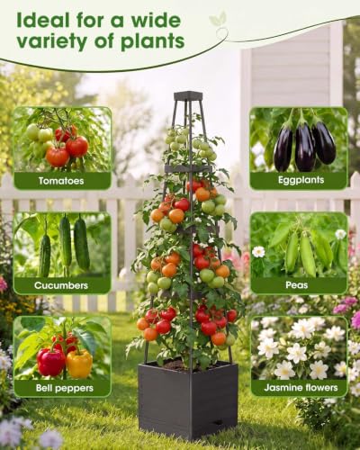 MYMULIKE Raised Garden Bed Tomato Planter with Trellis, 58" Tomato Cage for Climbing Vegetables Plant, Self Watering Pots for Indoor Plants Garden Pots Patio Greenhouse Indoor Outdoor