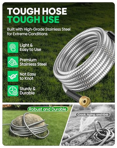 BlueGarden Metal Garden Hose 50 ft with 10 Function Nozzle,No Kinking,Flexible,Heavy Duty & Lightweight Water Pipe,Stainless Steel Outdoor Water Hose for Yard and Lawn,Non-Expandable 50 feet - size: 50ft