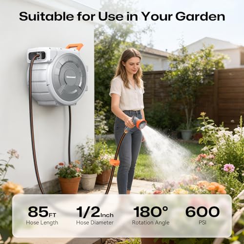 Retractable Garden Hose Reel, 1/2 Inch x 85 ft Wall Mounted, Heavy Duty Garden Hose Reel with 9 Patterns Nozzle, Any Length Lock, Upgraded Slow Return System and 180°Swivel Bracket (1/2" 85FT) - size: 1/2" 85FT