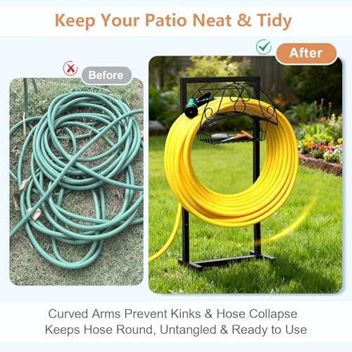 Skypatio Garden Hose Holder with Basket, Metal Water Hose Holder Holds 150ft Hose, Freestanding Hose Storage Stand with 4 Stakes, Rust-Resistant Heavy Duty Hose Hanger for Outside