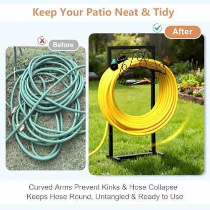 Skypatio Garden Hose Holder with Basket, Metal Water Hose Holder Holds 150ft Hose, Freestanding Hose Storage Stand with 4 Stakes, Rust-Resistant Heavy Duty Hose Hanger for Outside