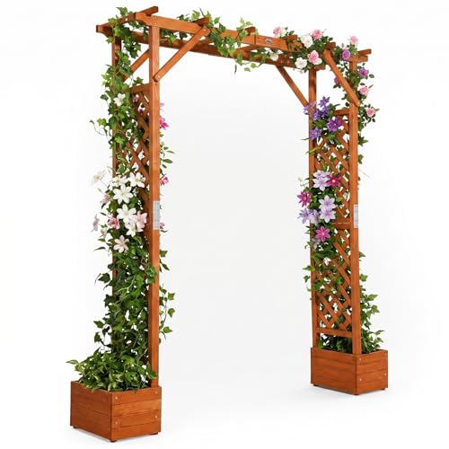 VINGLI Wooden Garden Arbor with Planter, Wedding Arch for Ceremony, Wood Garden Arbour Trellis for Plant Climbing, Pergola for Garden Backyard, Lawn, Outdoor (Golden Brown) - color: Golden Brown