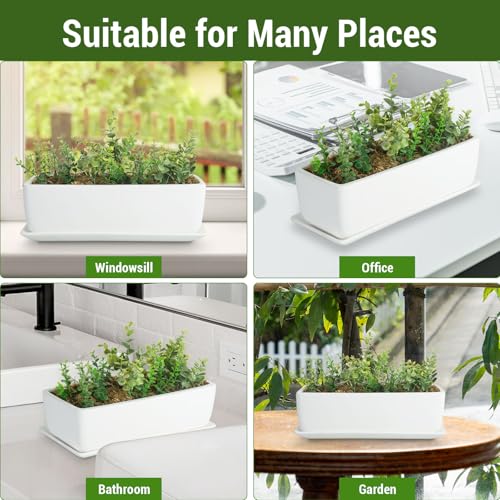MyGift 14 Inch Ceramic Indoor Plant Pot with Drainage Hole, Rectangular Succulent Planter Window Box with Removable Saucer, Unglazed White (Pack of 2) - size: 14.5 inch (Pack of 2)