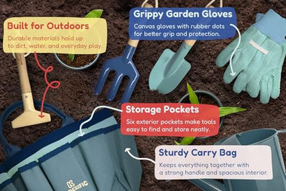 Gardening Set, Tool Kit, for Kids, STEM, Includes Tote Bag, Spade, Watering Can, Rake, Fork, Trowel and Gloves (Ocean Blue) - color: Ocean Blue