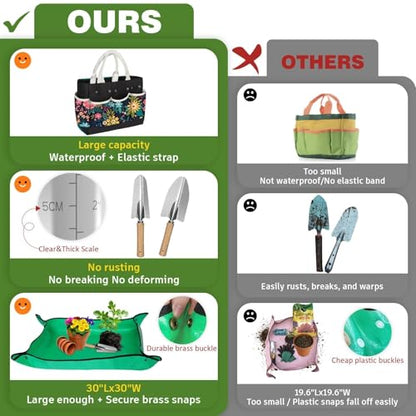 22Pcs Gardening Tools Set for Women Heavy Duty Garden Hand Tool Kit Birthday Gifts for Mom Her Wife Grandma Beginner Gardening Accessories with Tote Bag/Shovel/Repotting Mat/Plant Labels/Gloves-Black - color: Black