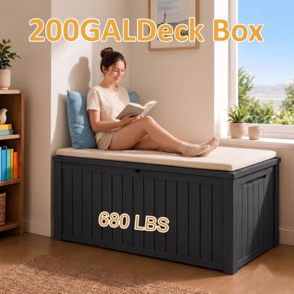 200Gal Lockable Waterproof Deck Box, Sturdy Bench for Patio & Garden Black - color: Black, size: 200 Gallon