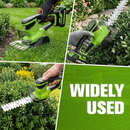 FULLYEA 2-in-1 Hedge Trimmer Cordless, Electric Bush Trimmer & Hedge Shears, Lightweight Grass Cutter with 2 * 2.0Ah Batteries & Charger, Battery Grass Trimmer, Handheld Shrub Trimmer Garden Tools