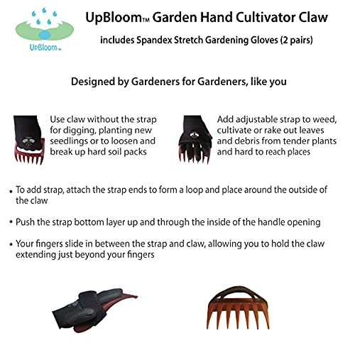 UpBloom - Garden Hand Cultivator Includes 2 Pairs of Spandex Gardening Gloves - ergonomically Designed to Hand rake, dig, Weed, Plant, Aerate and Cultivate Vegetable and Flower beds (Medium) - size: Medium