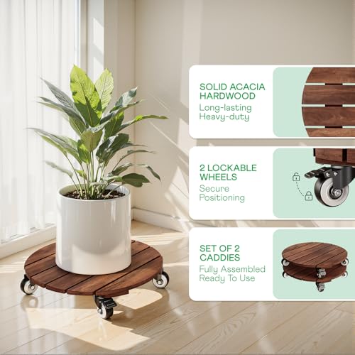 IDZO 2pack Wood Plant Caddy With Wheels Heavy Duty Red Brown, 264 Lbs Capacity, 12 Inch Acacia Hardwood Plant Roller, Plant Stand with 360° Lockable Wheels, Plant Caster for Heavy Objects Hauling - color: Round Wood Brown, size: 12 Inch