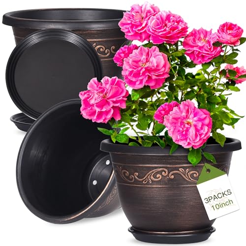 Plastic-Plant-Flower-Planters-10 Inch With Drainage Hole & Saucer, 3 Packs Lightweight Small Resin Flower Pot Indoor Outdoor, Retro Antique Imitation Decorative Garden Containers Sets For Houseplants - color: 3 Pack-10 Inch