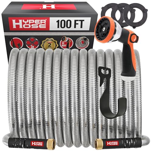 Best 100 ft Metal Garden Hose Set - No-Kink Durable 316 Stainless Steel, 10-Way Zync Spray Nozzle & Hook – Tough Flexible Heavy Duty Water Hoses, 5/8 in, Rust, Weather, LeakProof - size: 100 FT SET