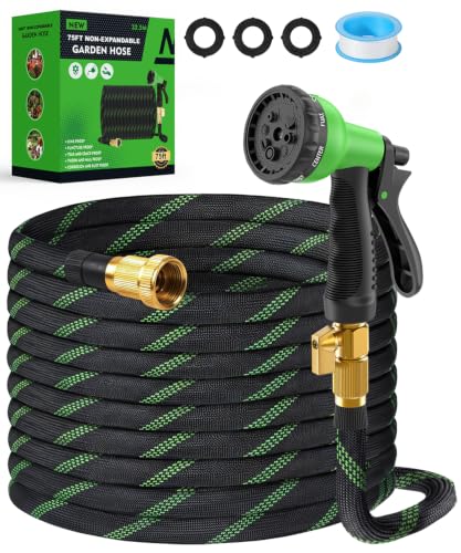 75ft Garden Hose, Non-Expandable Water Hose with 8 Function Spray Nozzle, Lightweight, Knik-Free, Burst-Resistant, Durable & Flexible 3/4" Garden Hose for Lawn, House Cleaning, Car Washing - size: 75ft