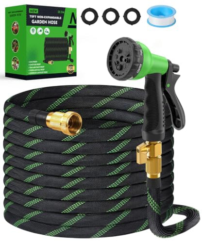 75ft Garden Hose, Non-Expandable Water Hose with 8 Function Spray Nozzle, Lightweight, Knik-Free, Burst-Resistant, Durable & Flexible 3/4" Garden Hose for Lawn, House Cleaning, Car Washing - size: 75ft