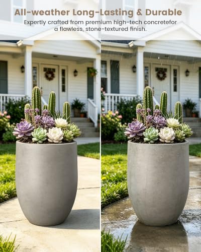 Kante 21.7" Tall Concrete Planter, Large Round Bullet Pot, Weathered Finish - color: Weathered Concrete
