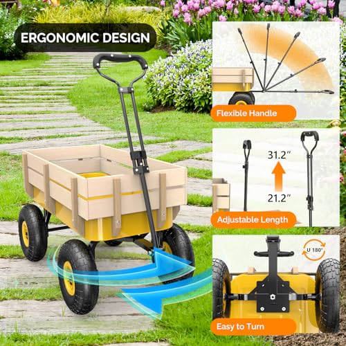 VINGLI Wagon Cart, Steel Frame and Wood Coated Railing, 330lbs All Terrain Wagon 9.2in Air Tires for Garden and Outdoor (Yellow) - color: Yellow