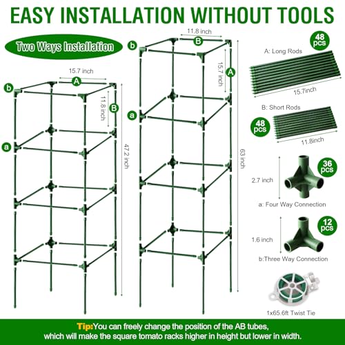 Fabulas Tomato Cage, Square Tomato Trellis Plant Support Stake Cages for Garden and Pots Tall Up to 63 Inch Adjustable Cucumber Trellis for Raised Bed Outdoor Climbing Plants Vegetables Flower, 3 Pack