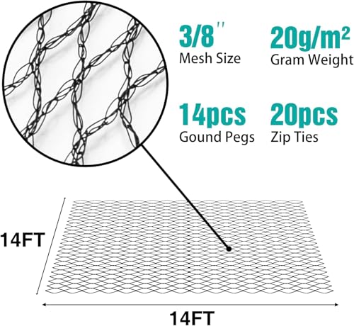 14x14FT Pond Netting for Koi Ponds,3/8" Mesh Leaf & Predator Protection Net - size: 14 × 14 ft