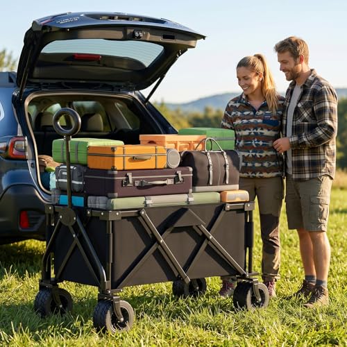 LEVELEVE Heavy Duty Folding Wagon Collapsible Cart, 420Lb Capacity, All-Terrain Wheels w/Brakes & Side Pockets (Black)