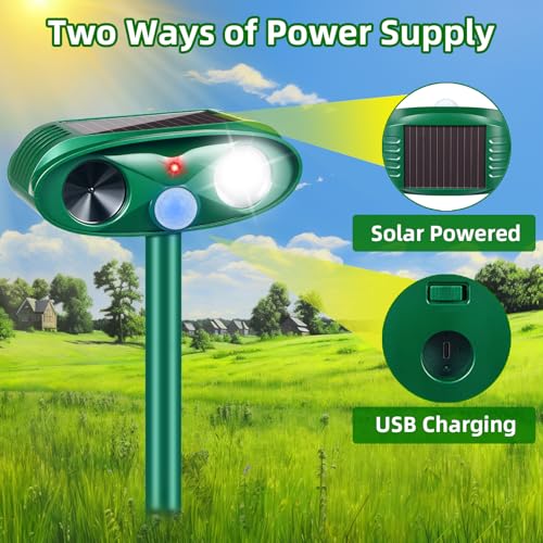 2026 Sonic Fortress Pro Deer Repellent Devices,Solar Ultrasonic Animal Repellent Outdoor with Flashing Light & USB Charging,IP65 Waterproof Sonic Repeller Deterrent for Cat,Dog,Squirrel,Rabbit,Racoon