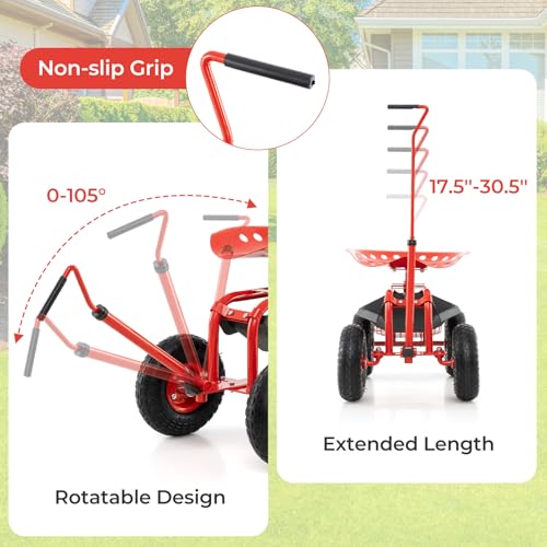 Rolling Garden Seat, Garden Stool with Wheels, Extendable Handle, Storage Basket & Tool Tray, Garden Scooter with 360 Degree Swivel Seat for Outdoor, Garden & Yard (Red) - color: Red