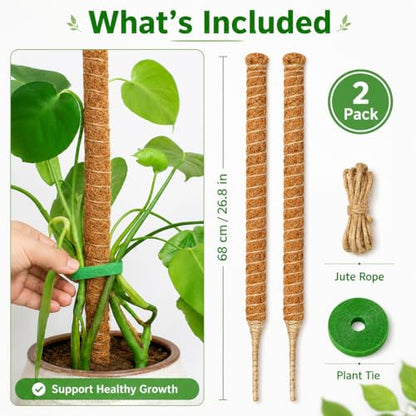 2 Pack 26.8'' Moss Pole for Monstera, Bendable Coco Coir Plant Support Stakes - size: 2 Pack（26.8-Inch）