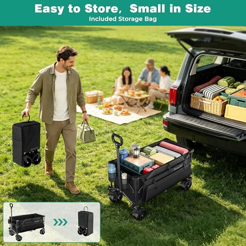 SUNNYFEEL 300L Collapsible Wagon Cart with Big Wheels, 550LBS, Black - color: Black