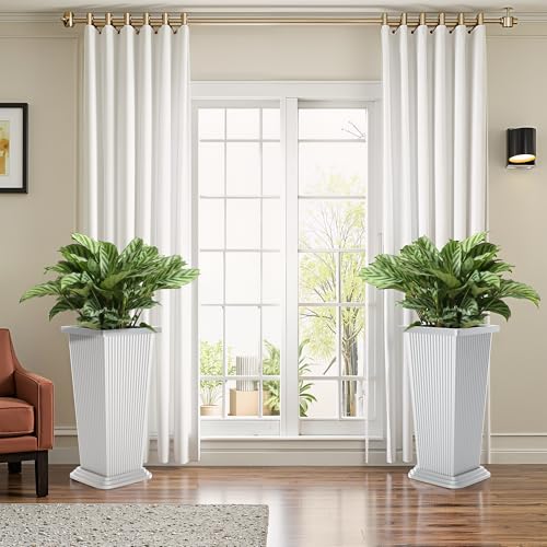 FENCY Set of 2 Tall Planters for Outdoor Plants, White Ribbed - color: White-square Ribbed