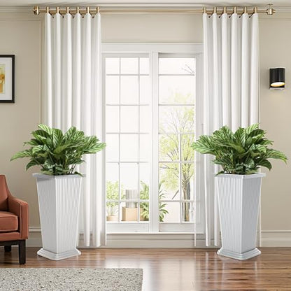 FENCY Set of 2 Tall Planters for Outdoor Plants, White Ribbed - color: White-square Ribbed