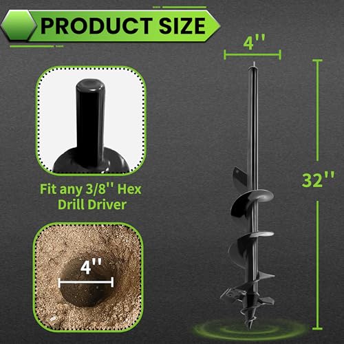 Auger Drill Bit for Planting - 4"X32" Heavy-Duty Auger Post Hole Digger for Fence- 3/8" Hex Drive Drill - size: 4"X32"(Upgraded)