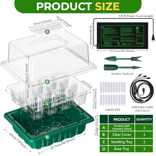 2026 Seed Starter Trays with Grow Lights and Heat Mat, 36 Extra Large Cells Plant Starting Kit, 4 Timing Set ,Humidity Domes Heightened Lids for Greenhouse Germination Seeds Growing Starting (3PACK)