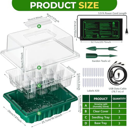 2026 Seed Starter Trays with Grow Lights and Heat Mat, 36 Extra Large Cells Plant Starting Kit, 4 Timing Set ,Humidity Domes Heightened Lids for Greenhouse Germination Seeds Growing Starting (3PACK)