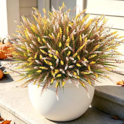 12 Pcs Fake Fall Plants Artificial Monkey Grass for Outdoors Porch Decor - color: Gradient Brown Leaves Yellow White, size: 12 Pcs