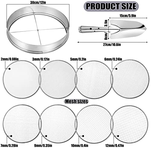Bonuci 10 Pcs 12 Inch Soil Sieve Stainless Steel Sieve Set Garden Soil Sifter Potting Mix Sifter with 8 Interchangeable Filter Mesh 2, 3, 5, 6, 7, 9, 10, 12 mm and Shovel for Garden Compost(Silver)