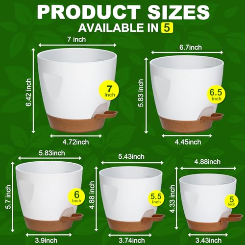5-Pack Plant Pots with Drainage 7/6.5/6/5.5/5 Inch Self Watering Pots for Indoor Outdoor Plants, Plastic Flower Pots with Drainage Holes and Removable Saucers, Plant Pots with Wicking Rope (White)
