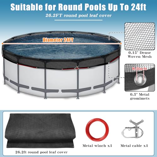 24FT Pool Leaf Net Cover for Above Ground Pools, 0.15’’ Mesh Pool Cover - size: 24' (Round)