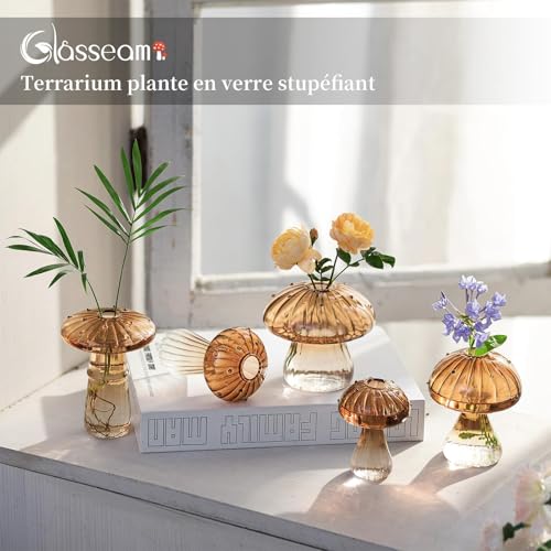 Glasseam Mushroom Glass Propagation Station, 5Pcs Amber Plant Terrarium Jar - color: Amber, size: 5