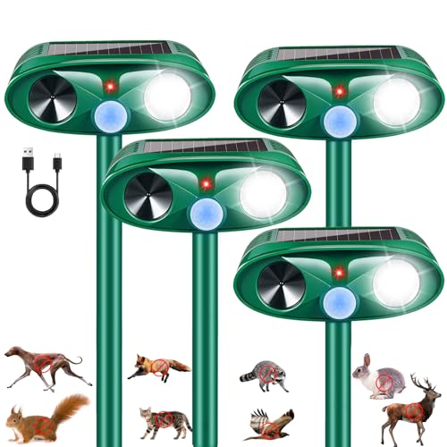 4Pack Upgraded Ultrasonic Deer Repellent for Plants Solar Animal Repellent Outdoor with Motion Sensor Strobe Light for Rabbit Cat Deterrent Raccoon Squirrel Fortress Pro Keep Deer Out of Yard Garden
