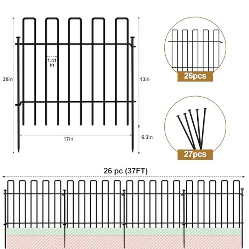 26 Panels No Dig Animal Barrier Fence, 13in(H) x 37ft(L) Garden Edging Border Fencing, Rustproof Metal Stakes Decorative Garden Fence, Dog Digging Defense Fencing Barrier for Outdoor, Yard, Patio - size: 26 Panels, 13in(H) x 37ft(L)