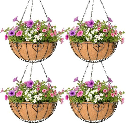 4 Pack Hanging Planter for Outdoor Plants 14 inch Metal Hanging Flower Basket with Coco Coir Liner Round Wire Plant Holder Chain Flower Pots Outdoor Garden Decoration Watering Hanging Baskets（AX） - size: 14" x 4 Pack, style: Heart-shaped