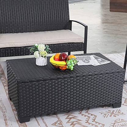 Rattaner Patio Coffee Table with Storage Wicker Outdoor Coffee Table and All-Weather Wicker Side Table with Waterproof Cover, Black - color: Black