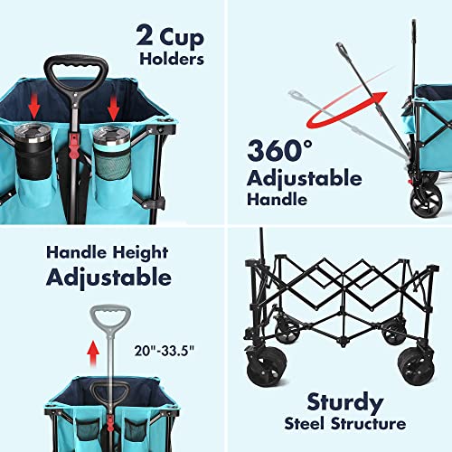 VILLEY Collapsible Folding Wagon with Big Wheels, All Terrain Beach Wagon Cart Heavy Duty Foldable, Enlarged 225lbs Capacity, Portable Utility Garden Cart with 2 Cup Holders and Brake, Blue - color: Blue