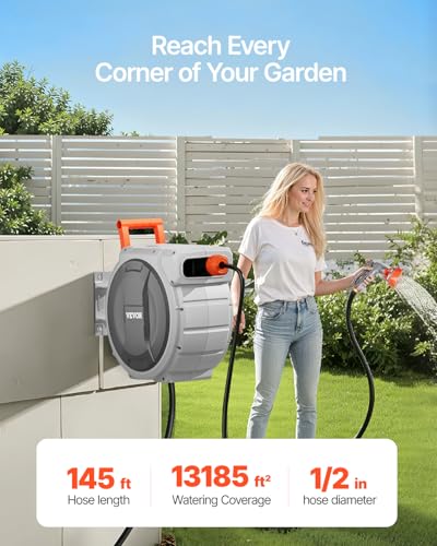 VEVOR Retractable Garden Hose Reel, 1/2 Inch x 145 ft Wall Mounted Hose Reel, Heavy Duty Garden Hose Reel with 9 Patterns Nozzle, Any Length Lock, Upgraded Slow Return System and 180°Swivel Bracket - size: 1/2 in x 145 ft