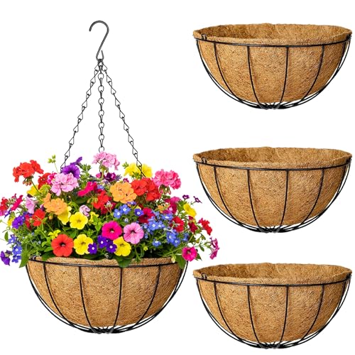 4 Pack Hanging Planters 8 Inch Metal Hanging Planter Basket Flower Pots with Coco Coir Liners Round Wire Plant Holder with Chain for Indoor Outdoor Patio Porch Garden Decoration（XG） - size: 8 Inch, style: Garden