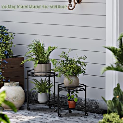 2 Tier Heavy Duty Rolling Plant Stand, 2 Pack Black - color: black